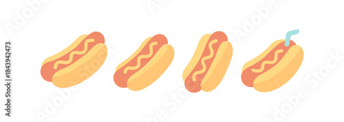 Flat style evolution of hot dog icons featuring unique toppings and fun drink variation
