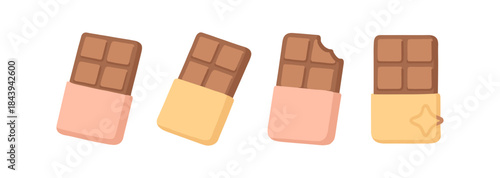 Cute chocolate bars evolution: whole, bitten, and shining in flat style