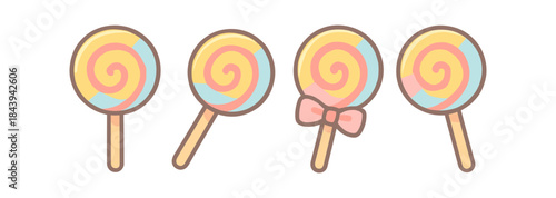 Colorful lollipops with swirls and bow in pastel tones