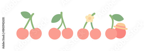 Cute cherry icons with decorative elements in flat design
