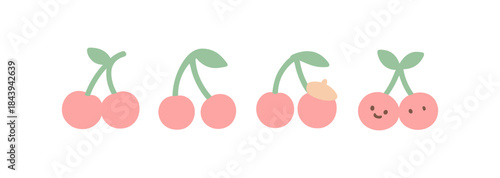 Cute cartoon cherries with smiling faces and acorn hat in pastel colors