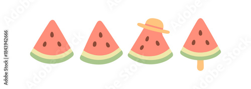 Cute watermelon slices with hat and ice cream design in minimalist pastel style