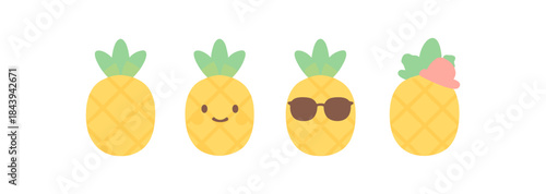 Cute pineapple characters in flat design with accessories