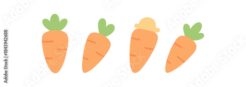 Cute flat carrot icons with green tops and playful designs