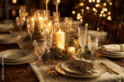 Elegant holiday table with white plates, crystal glasses and candle glow