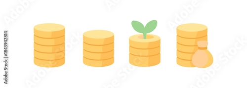 Flat design growing investments with coin stacks and seedling symbolizing financial growth