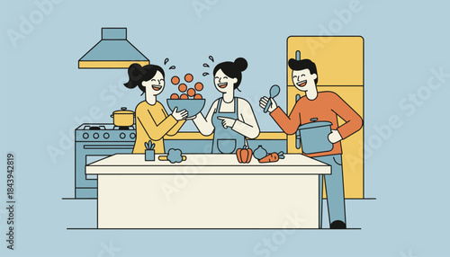 Friends cooking together in a bright kitchen sharing ingredients and bursting into laughter as they make a meal.
