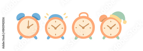 Collection of cute cartoon alarm clocks with various hats and styles for morning wakeup