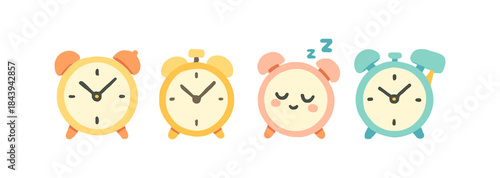 Cute cartoon alarm clocks in pastel colors with sleepy expressions