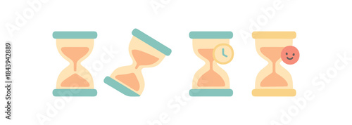 Colorful flat style hourglass icons with time management symbols