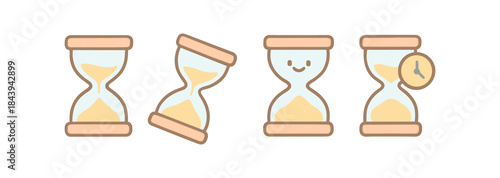 Flat style sand timers with smiley and clock variations