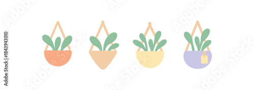 Flat style hanging planters with green foliage in pastel colored pots