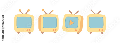 Retro television icons with play button in pastel colors on white background
