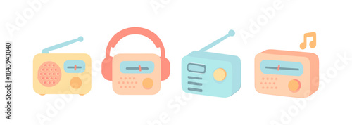 Retro radios and headphones in minimalist pastel art style