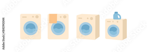 Flat design laundry machines with detergent and towel