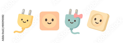 Cute cartoon electrical outlets and plugs with smiling faces