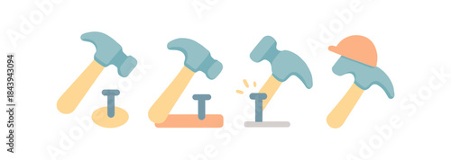 Flat style hammer icons with nail and hard hat for construction and diy projects