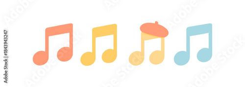 Colorful music notes with beret hat in minimalistic design