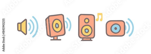 Colorful audio speaker icons with music notes and sound waves in doodle style