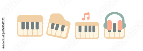 Minimalist keyboard icons with music notes and headphones in flat style