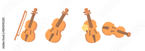 Flat style wooden violin set with bow on white background