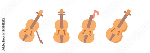 Flat music instruments icons set featuring violin and cello with music note