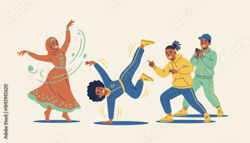 A diverse group of dancers participating in a friendly danceoff each encouraging others while showcasing their styles and talents.