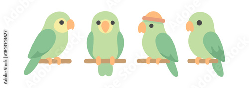 Cute flat style parrots on branches: adorable green birds with simple designs