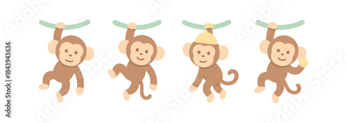 Cute cartoon monkeys hanging on branches in flat style