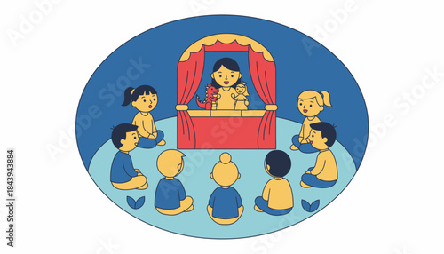 A circle of children watching a puppet show performed by a teacher each child captivated by the colorful characters.