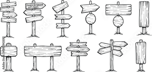 Collection of hand drawn wooden signposts pointing in various directions
