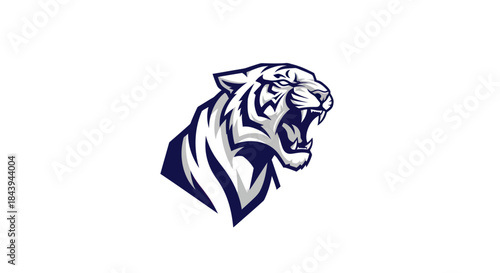 Roaring tiger head illustration in bold blue and white colors on clean background
