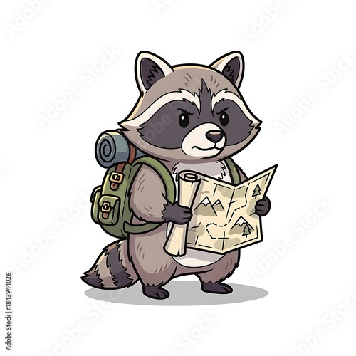 Raccoon explorer with backpack and map on an outdoor adventure journey discovery.