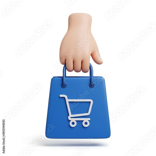 Shopping bag with cart icon held by hand 3D rendering for online retail and purchase.