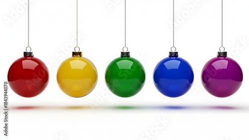 Colorful hanging ornaments glossy red yellow green blue purple spheres on white background holiday.