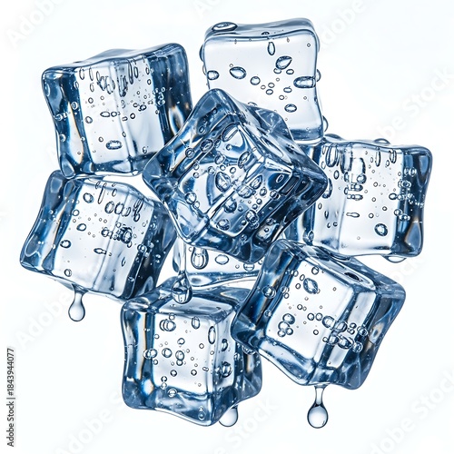 Ice cubes with water droplets melting isolated on a crisp white background.