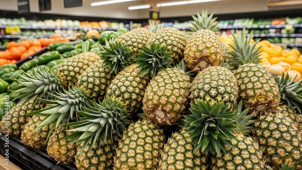 Fototapeta premium Fresh pineapples in grocery store aisle with vibrant produce display
