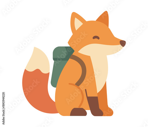 Cute fox with backpack in flat design for adventure and travel themes