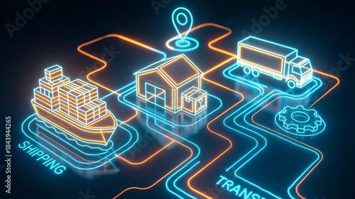 A neon representation of the shipping and transport network, illustrating logistics and supply chain concept creatively.