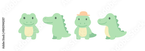 Cute cartoon dinosaur characters in green with hat in minimalist style