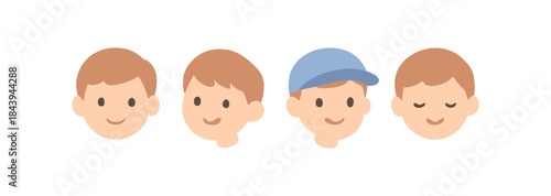 Cute cartoon boy faces with different expressions and accessories