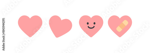 Cute heart icons with emotions and bandage in minimal flat style