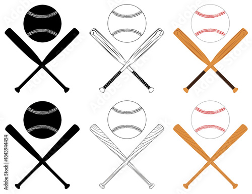 Collection of different crossed baseball bats isolated on white background