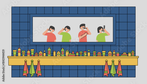 A communal bathroom scene with colorful ries lined up towels hanging in vibrant hues and a shared mirror reflecting the morning rush.