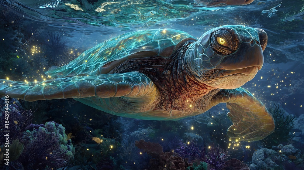 Obraz premium Sea Turtle Swimming Underwater in Ocean with Coral Reef