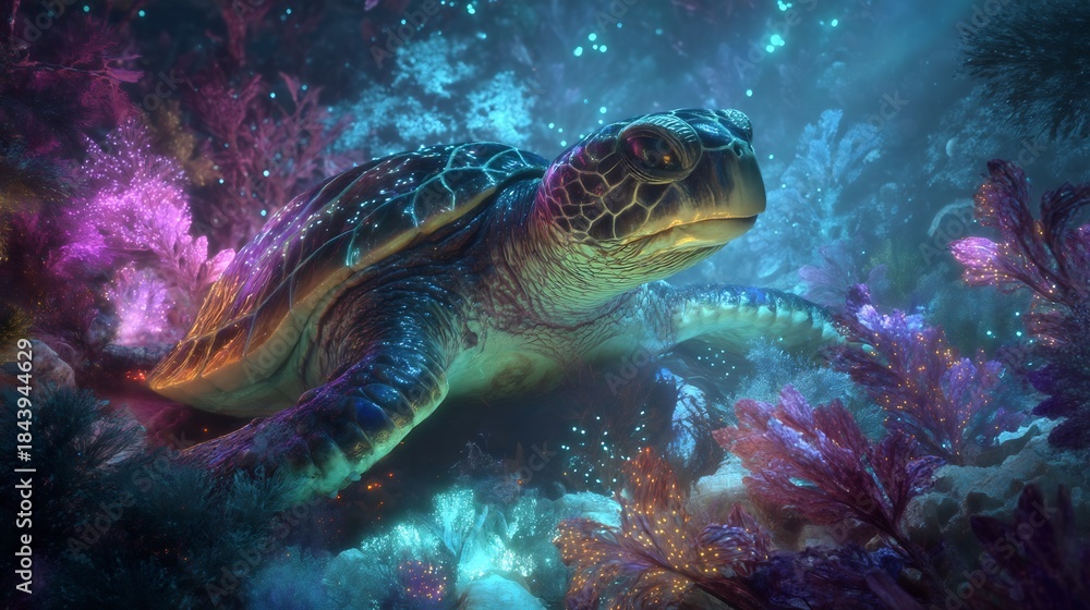 Obraz premium Sea Turtle Swimming Through Colorful Coral Reef Underwater