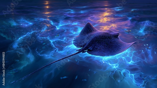 Glowing Blue Stingray Swimming in Ocean Water at Night