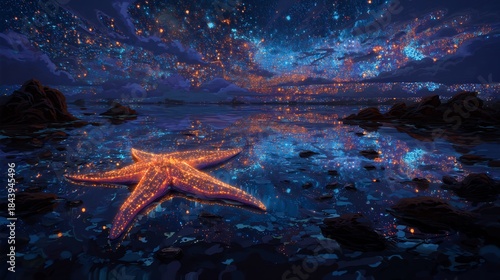 Orange Starfish on Rocky Beach under Starry Night Sky
