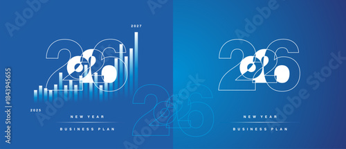 2026 Happy New Year modern overlap line design numbers typography. Set collection of 2026 business success strategy plan white blue icon logo chart template blue background