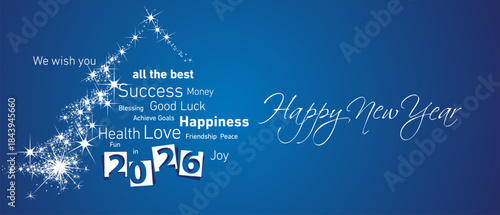 Happy New Year 2026 white negative space numbers abstract stars shaped christmas tree wordcloud text white blue background vector greeting card